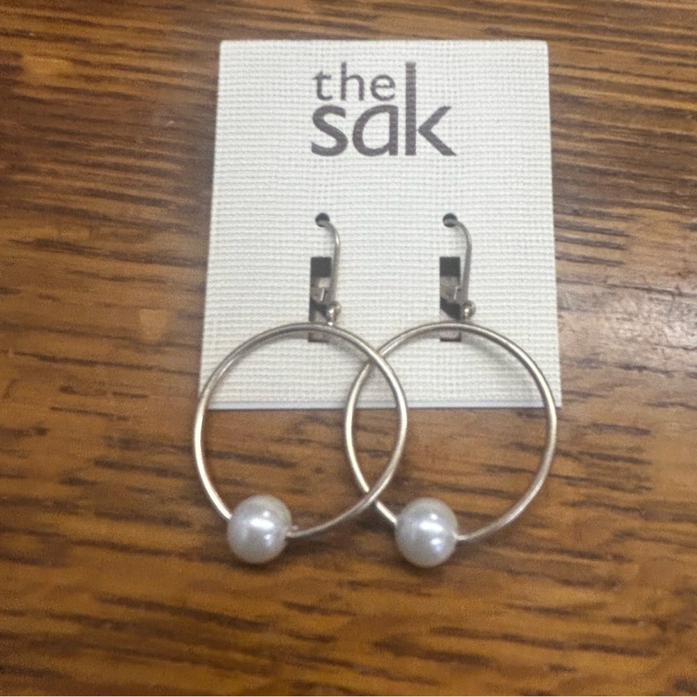 The Sak Gold Hoop Earrings Pearl Drop Minimal Chic NEW